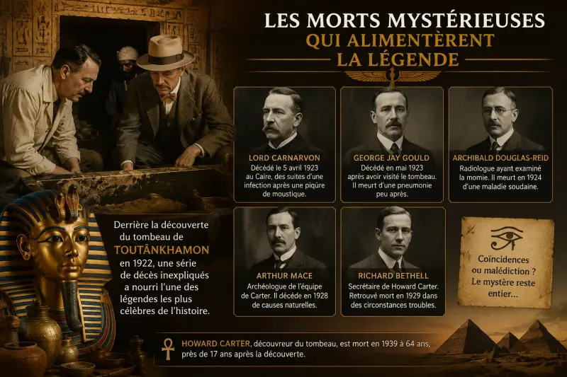Illustration des principales morts mystérieuses associées à la malédiction de Toutânkhamon après la découverte de son tombeau en Égypte.
