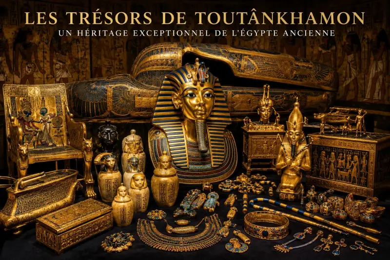 Masque funéraire de Toutânkhamon entouré des trésors découverts dans son tombeau, dont des bijoux, statues et objets funéraires de l'Égypte antique.