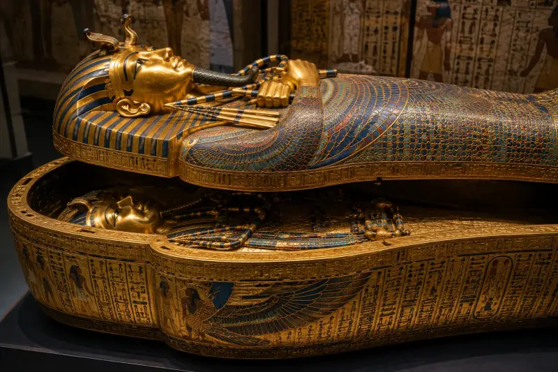 Sarcophage en or de Toutânkhamon découvert dans son tombeau de la Vallée des Rois, richement décoré de hiéroglyphes et de symboles de l'Égypte antique.
