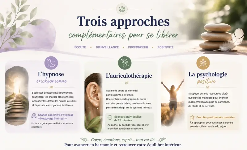 Trois approches complémentaires : hypnose ericksonienne, auriculothérapie et psychologie positive proposées lors du séjour Bien-être dans le Gers.