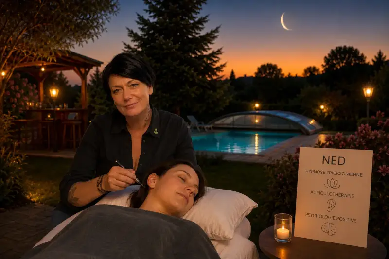 Ned réalise une séance d'auriculothérapie lors du séjour Bien-être et Développement Personnel dans le Gers, au bord de la piscine au coucher du soleil.