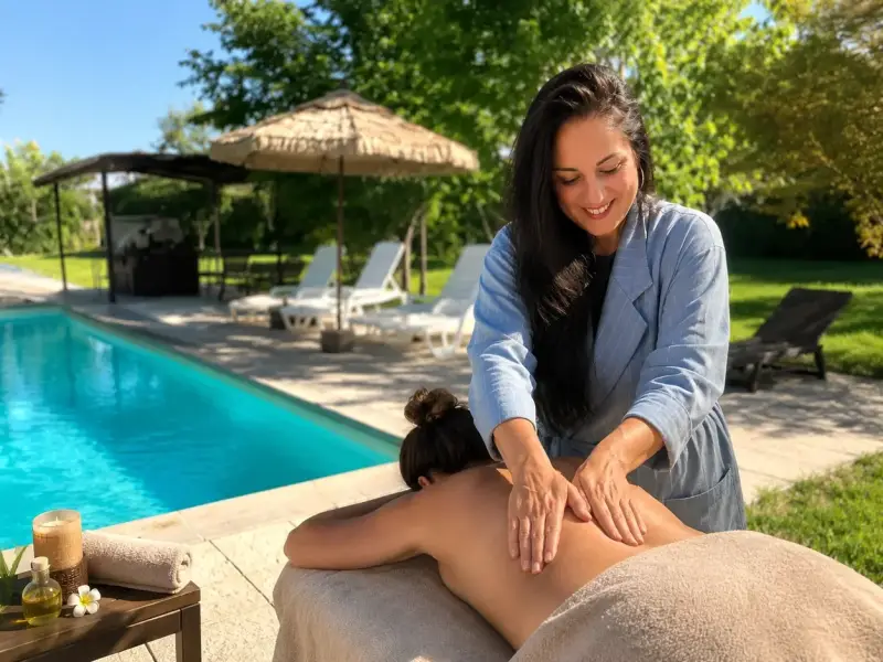 Prisca réalise un massage bien-être au bord de la piscine pendant le week-end Bien-être & Développement Personnel dans le Gers.