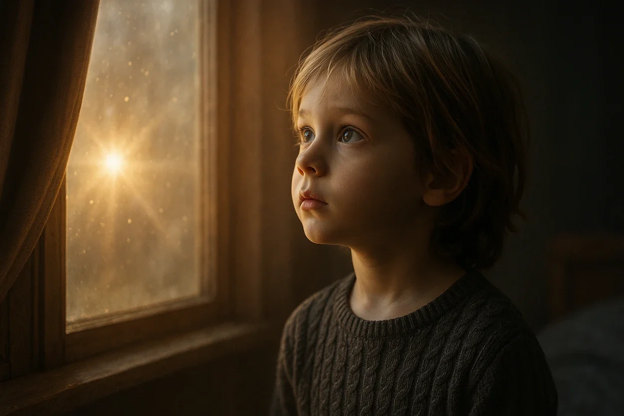 Enfant médium regardant par la fenêtre, illustration de l'hypersensibilité et des signes de médiumnité chez l'enfant.