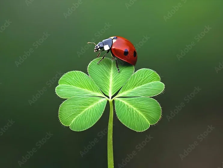 Trèfle à quatre feuilles avec une coccinelle, symbole de chance, de porte-bonheur et de réussite.