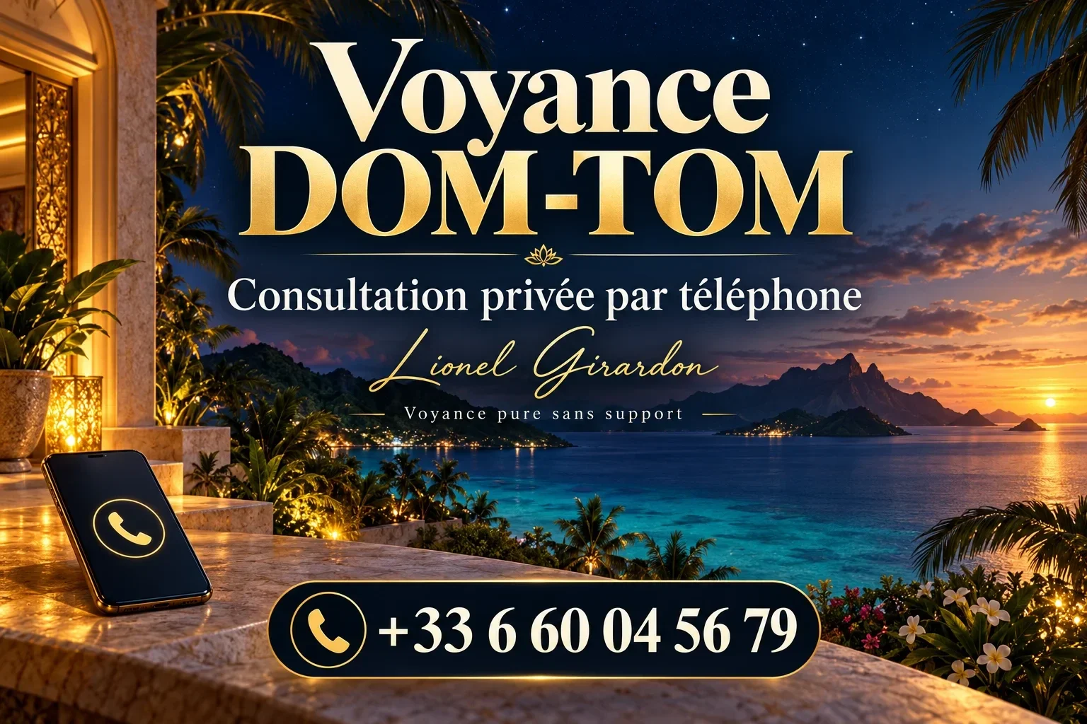 Voyance dans les DOM-TOM avec Lionel Girardon : consultation privée par téléphone sur fond de paysage tropical.