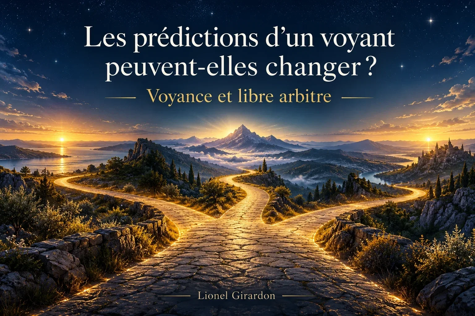 Trois chemins lumineux symbolisant les choix et le libre arbitre, avec le titre « Les prédictions d’un voyant peuvent-elles changer ? »