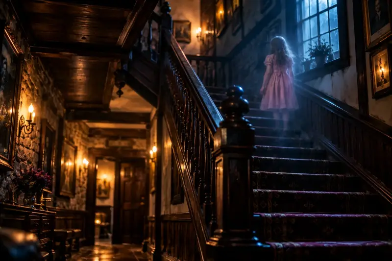 Petite fille fantôme dans l’escalier de The Drovers Inn en Écosse