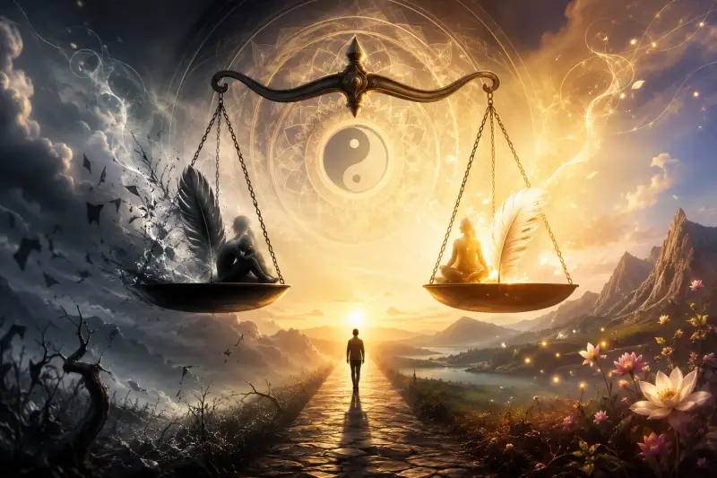 Illustration du karma avec une balance entre l'ombre et la lumière représentant la signification du karma, la loi de cause à effet et le cheminement spirituel.