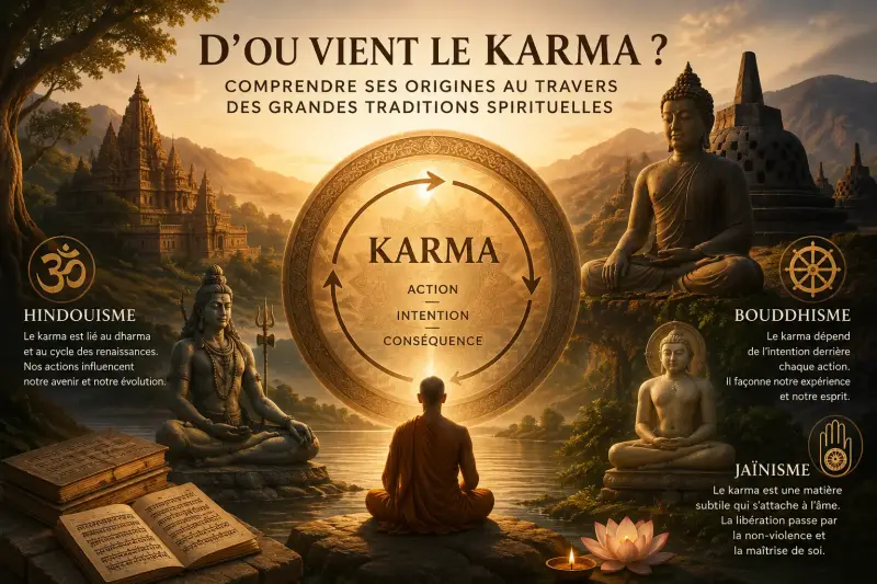 Illustration de l'origine du karma dans les traditions spirituelles avec les symboles de l'hindouisme, du bouddhisme et du jaïnisme autour de la loi de cause à effet.