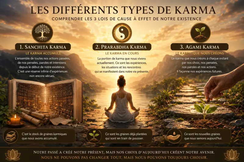 Illustration des différents types de karma avec le Sanchita Karma, le Prarabdha Karma et l'Agami Karma représentant les conséquences des actions passées, présentes et futures selon les traditions spirituelles.
