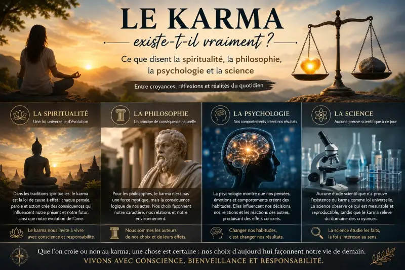 Illustration du karma comparant les approches de la spiritualité, de la philosophie, de la psychologie et de la science autour de la loi de cause à effet et des conséquences de nos choix.