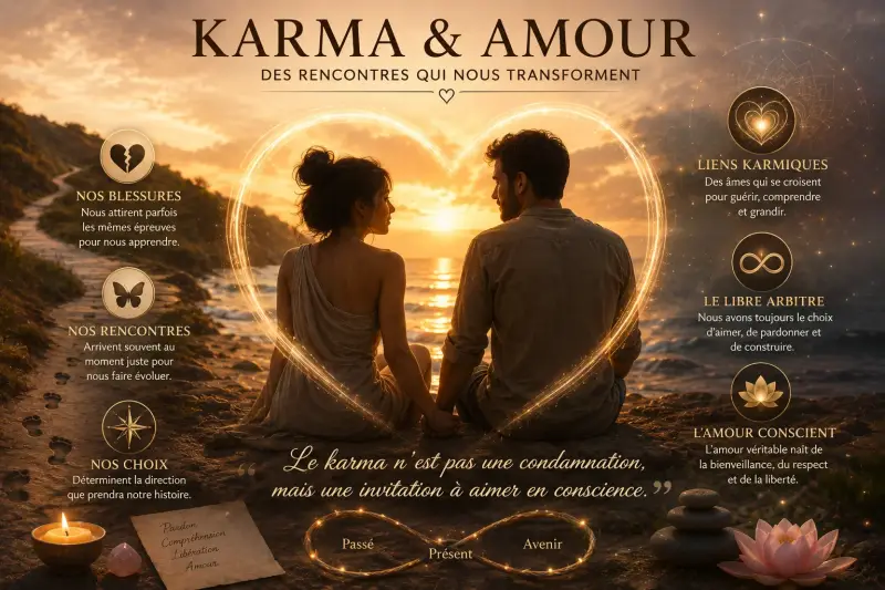 Couple au coucher du soleil symbolisant le karma en amour, les relations karmiques, le libre arbitre, les blessures émotionnelles et l'évolution d'une histoire sentimentale.