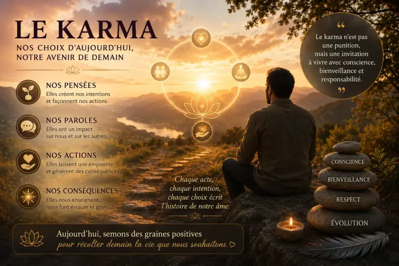 Personne en méditation contemplant un paysage au coucher du soleil, illustrant le karma, les conséquences de nos choix, l'évolution personnelle, la bienveillance et le chemin de vie.