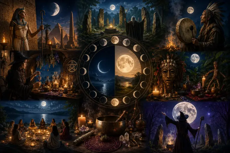Montage illustrant les rites de la Nouvelle Lune et de la Pleine Lune pratiqués à travers les civilisations : prêtres de l'Égypte antique, druides celtes, chamanes, traditions vaudou, sorcières et cérémonies spirituelles ancestrales autour des cycles de l