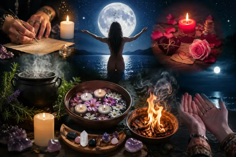 Illustration des rites populaires de la Nouvelle Lune et de la Pleine Lune avec méditation sous la Lune, écriture d'intentions, bougies, pierres naturelles, plantes, rituel de libération, cérémonie spirituelle, bain de Lune et traditions ésotériques conte