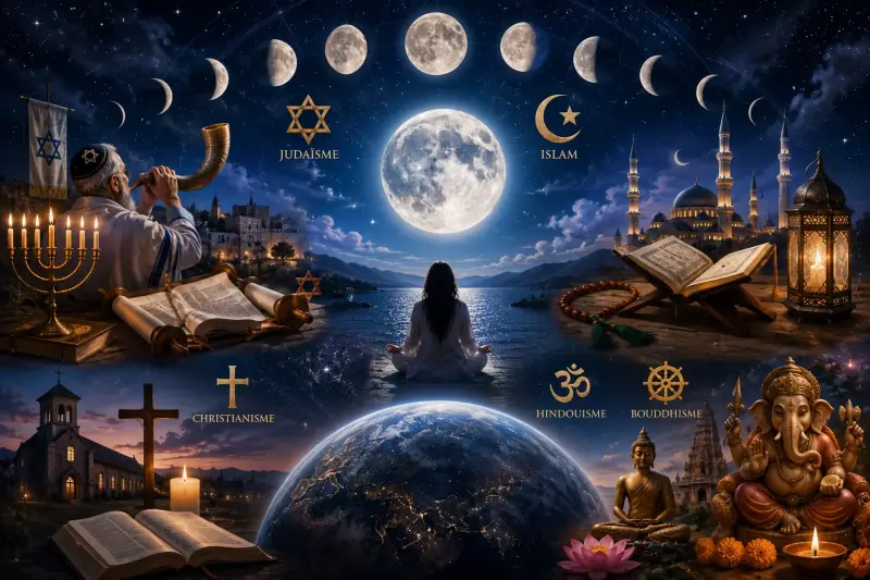 Illustration de la Nouvelle Lune et de la Pleine Lune dans les grandes religions du monde avec les traditions du judaïsme, de l'islam, du christianisme, de l'hindouisme et du bouddhisme, montrant le rôle des phases lunaires dans les calendriers religieux,