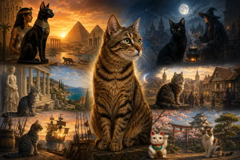 Illustration représentant les chats à travers l'histoire, de l'Égypte antique au Moyen Âge, en passant par la Grèce, Rome et l'Asie, symbole de mystère, de protection et de spiritualité.