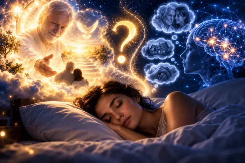 Femme endormie rêvant d'un proche décédé dans une lumière dorée, face à une représentation du cerveau et des souvenirs, entre message de l'au-delà et imagination.