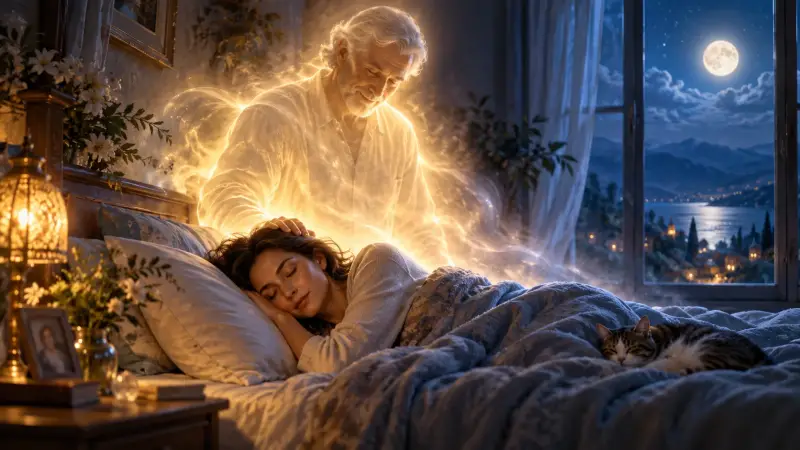 Apparition lumineuse d'un proche décédé posant une main protectrice sur la tête d'une femme endormie, évoquant la présence et la protection spirituelle des défunts.