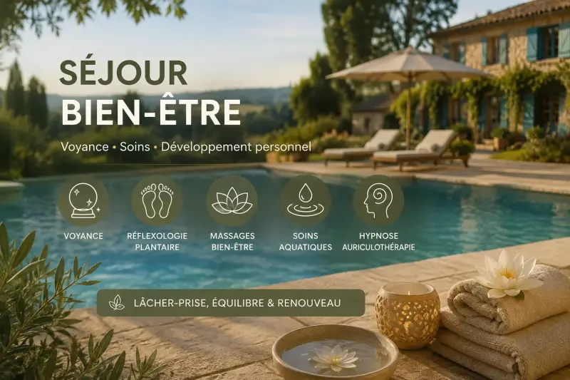 Séjour bien-être dans le Gers avec piscine, voyance, développement personnel, réflexologie plantaire, massages bien-être, soins aquatiques et hypnose dans un cadre naturel apaisant.