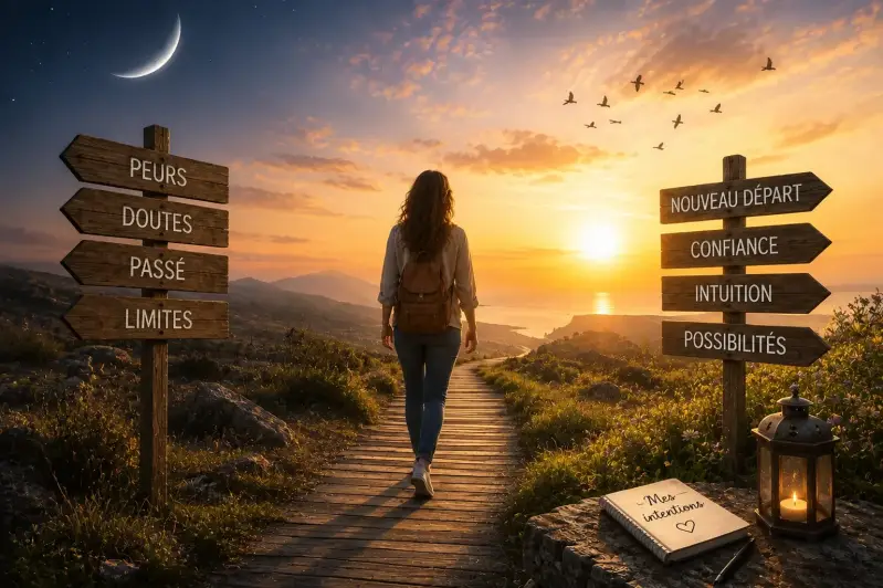 Chemin symbolisant le passage des peurs et des doutes vers un nouveau départ, la confiance en soi, le développement personnel et le bien-être.