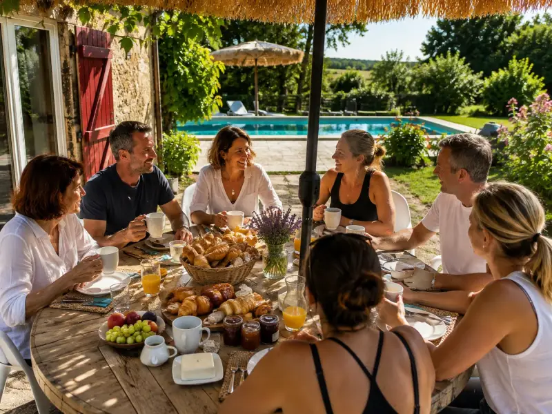 Participants partageant un petit-déjeuner convivial au bord de la piscine lors d'un séjour bien-être et développement personnel dans le Gers.