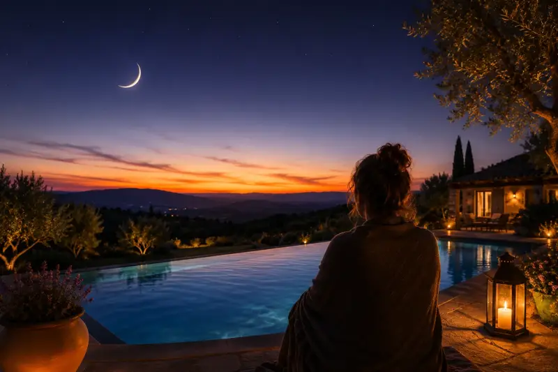 Femme contemplant la Nouvelle Lune au bord d'une piscine au coucher du soleil.