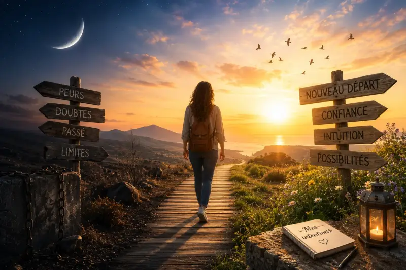 Femme avançant vers un nouveau départ au lever du soleil, symbole de changement et d'espoir.