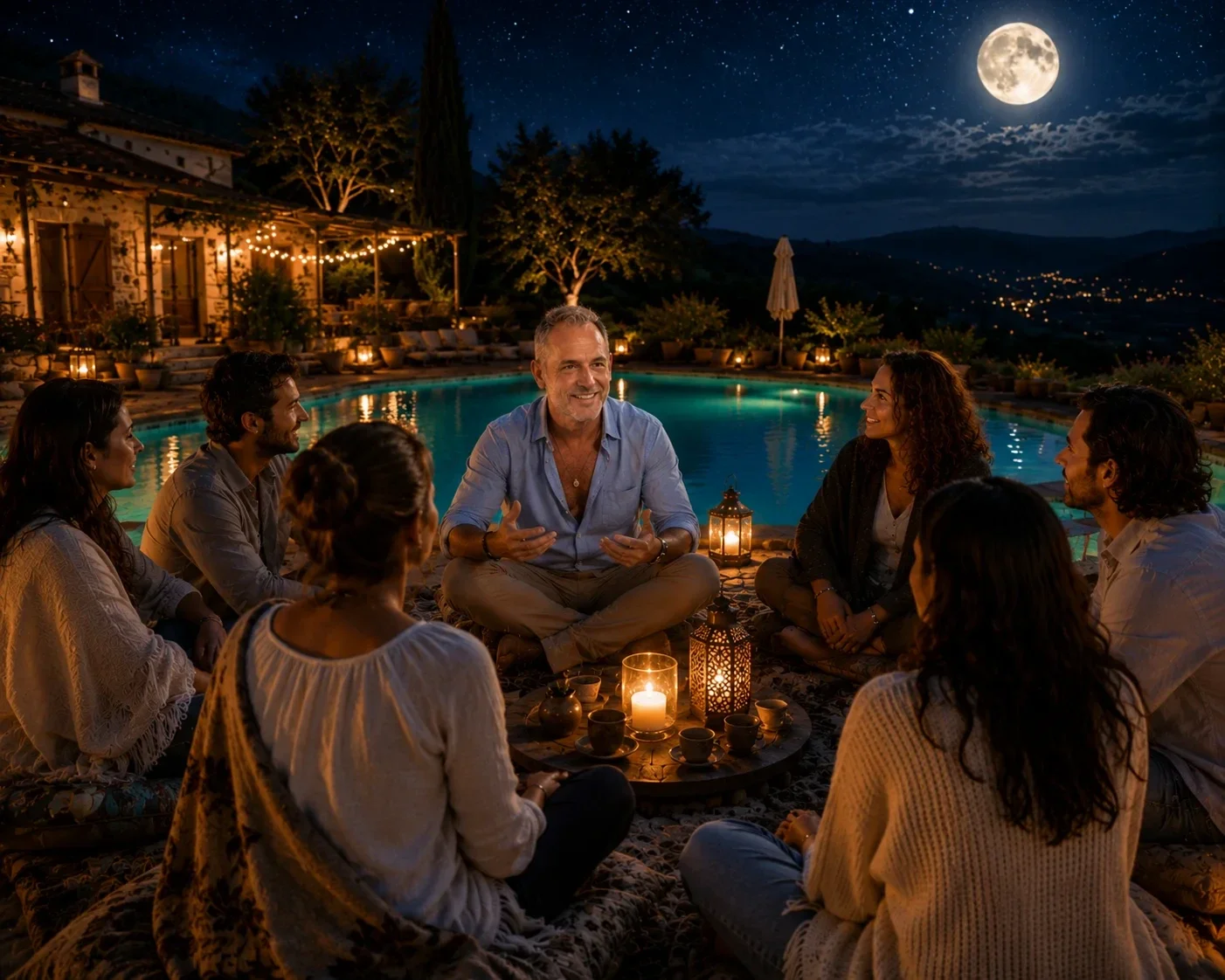 Week-end de développement personnel dans le Gers avec Lionel Girardon et un groupe de participants autour de la piscine en soirée.