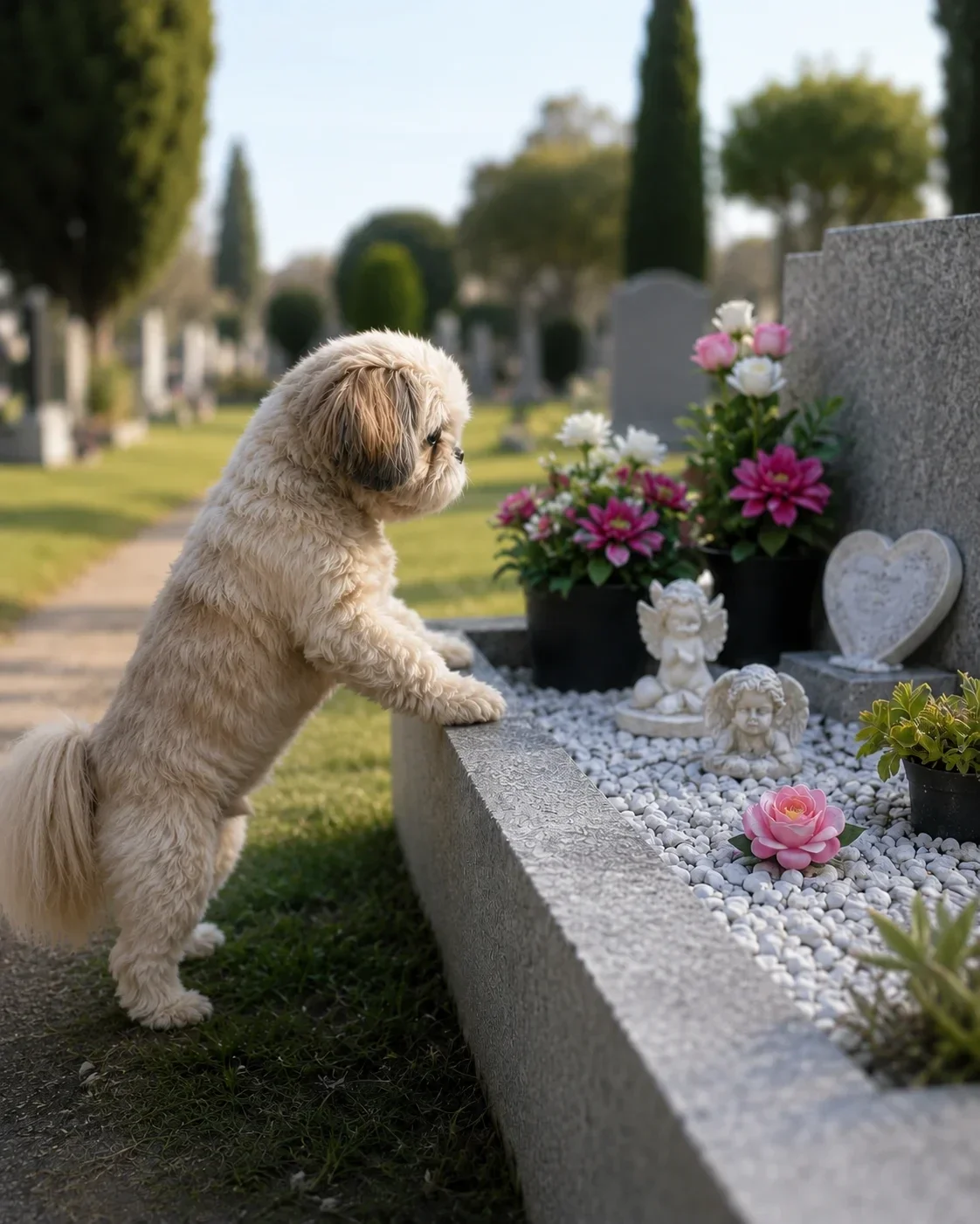 Petit chien posé sur la bordure d'une tombe dans un cimetière, semblant se recueillir dans une attitude paisible.