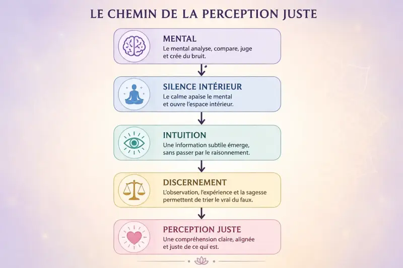 Schéma illustrant le cheminement du mental vers la perception juste : silence intérieur, intuition et discernement pour développer une perception plus lucide du troisième œil.