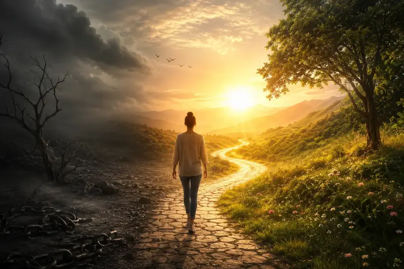 Illustration d'une personne quittant un paysage sombre pour avancer vers la lumière, symbole de transformation, de reconstruction et de retour à soi après une période de mal-être.