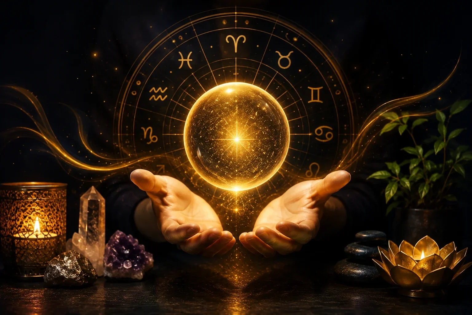 Voyance pure en direct avec sphère lumineuse, symboles du zodiaque et ambiance spirituelle
