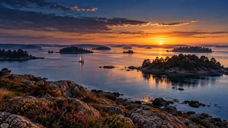 « Illustration du golfe du Morbihan au coucher du soleil, avec îlots et voilier. »