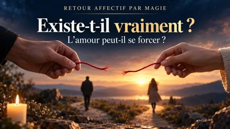 Deux mains tiennent les extrémités d’un fil rouge rompu tandis que deux personnes s’éloignent sur des chemins séparés au soleil levant.