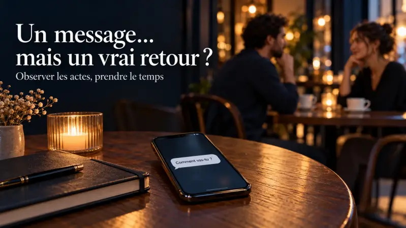 Téléphone affichant le message « Comment vas-tu ? » sur une table de café, avec deux personnes en conversation à l’arrière-plan.