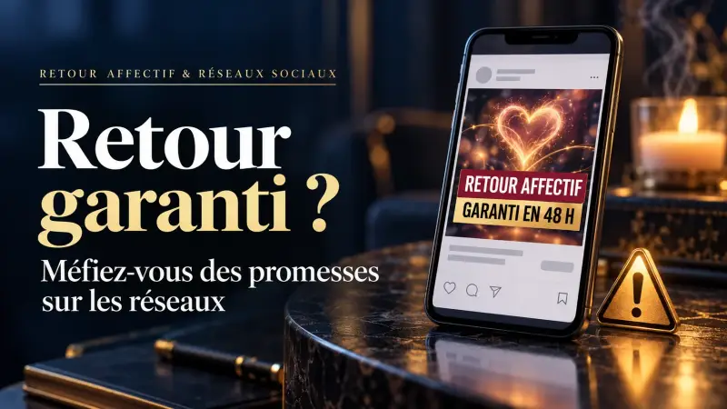 Téléphone affichant une publicité de retour affectif garanti en 48 heures, accompagné d’un symbole d’avertissement contre les promesses sur les réseaux sociaux.