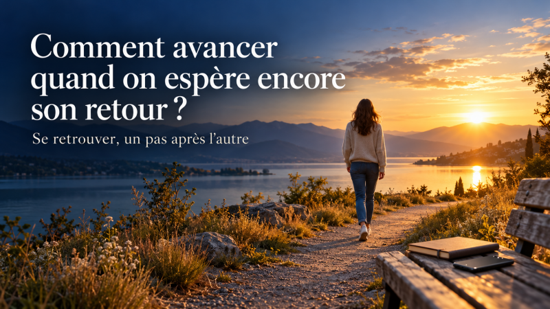 Une femme marche sur un chemin au bord d’un lac au soleil levant, laissant un téléphone et un carnet sur un banc.