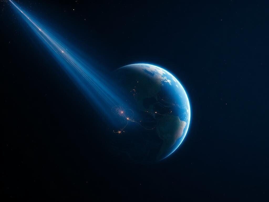 Vue spatiale de la Terre illuminée par un flux de lumière dorée, symbolisant l’appel de la planète à l’âme en devenir.