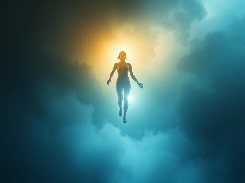 Forme lumineuse humaine traversant des couches atmosphériques, illustrant le passage du subtil vers la matière.