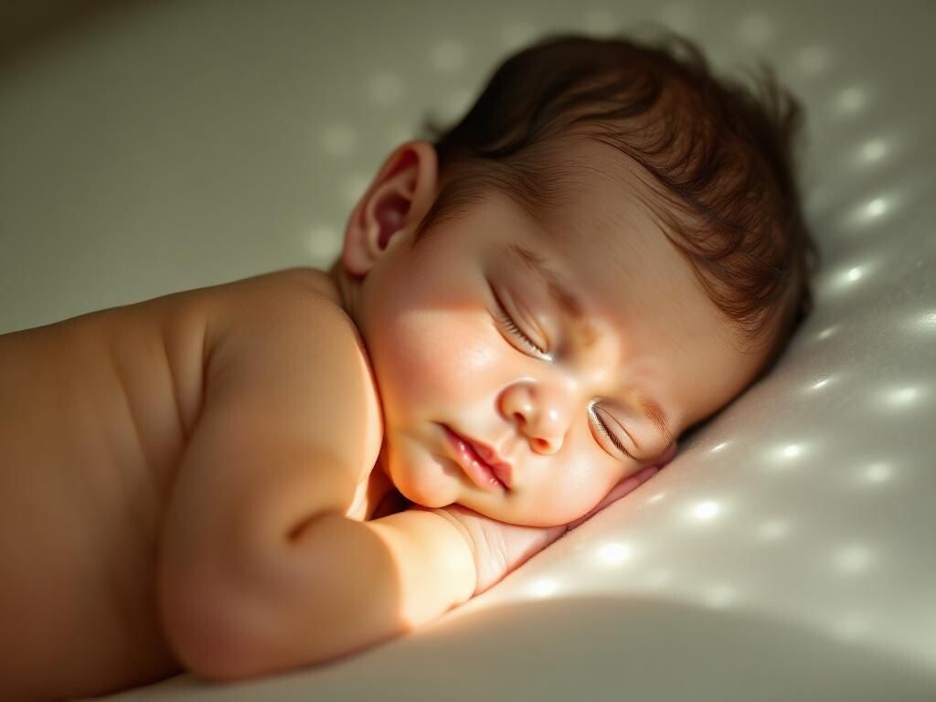 Bébé endormi baigné de lumière blanche et dorée, symbolisant la connexion à la conscience originelle.