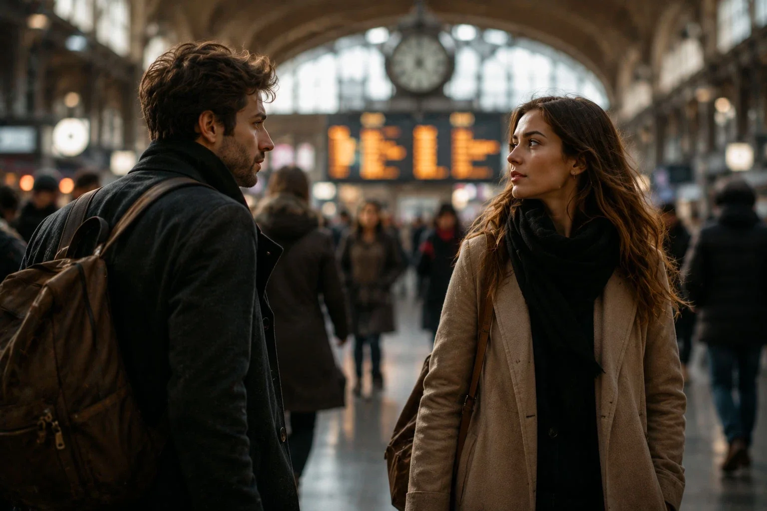 Deux inconnus échangent un regard dans une gare animée, illustrant l'intensité d'une rencontre marquante souvent associée aux relations karmiques.