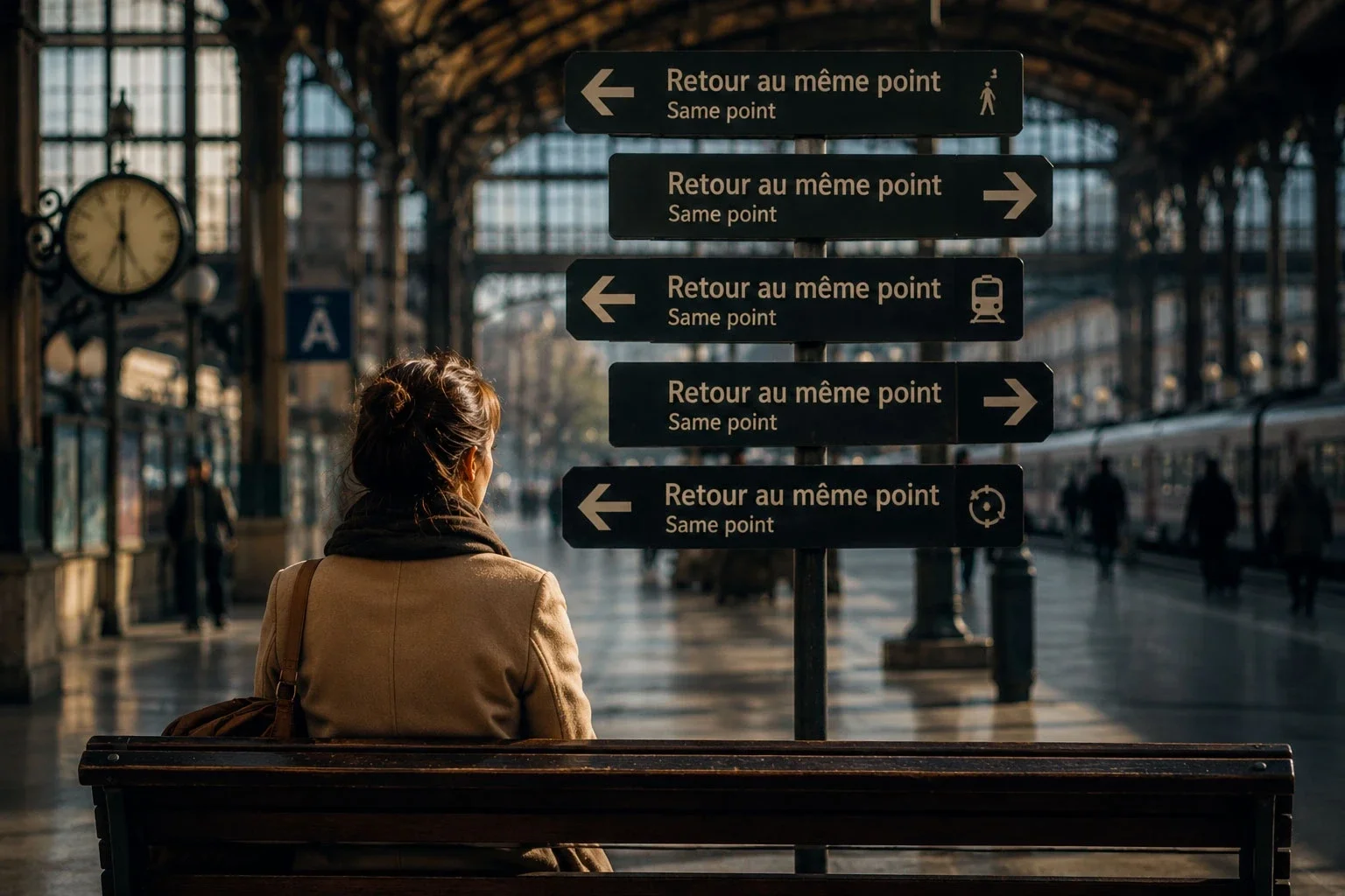 Personne observant plusieurs directions qui semblent mener au même point, représentation symbolique des schémas relationnels répétitifs et des leçons de vie.