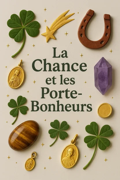 <img src="visuel-chance-porte-bonheur.jpg" alt="La chance et les porte-bonheurs : trèfle à quatre feuilles, fer à cheval, pierres et médailles protectrices" width="800" height="1200" loading="lazy" />
