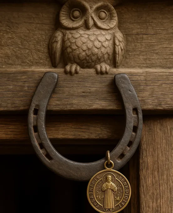 Fer à cheval et médaille des saints avec chouette protectrice
