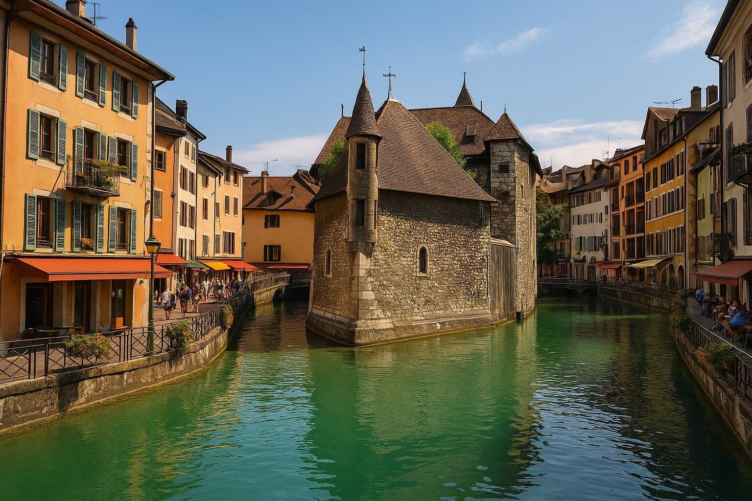 Vue emblématique du Palais de l’Isle et des canaux d’Annecy