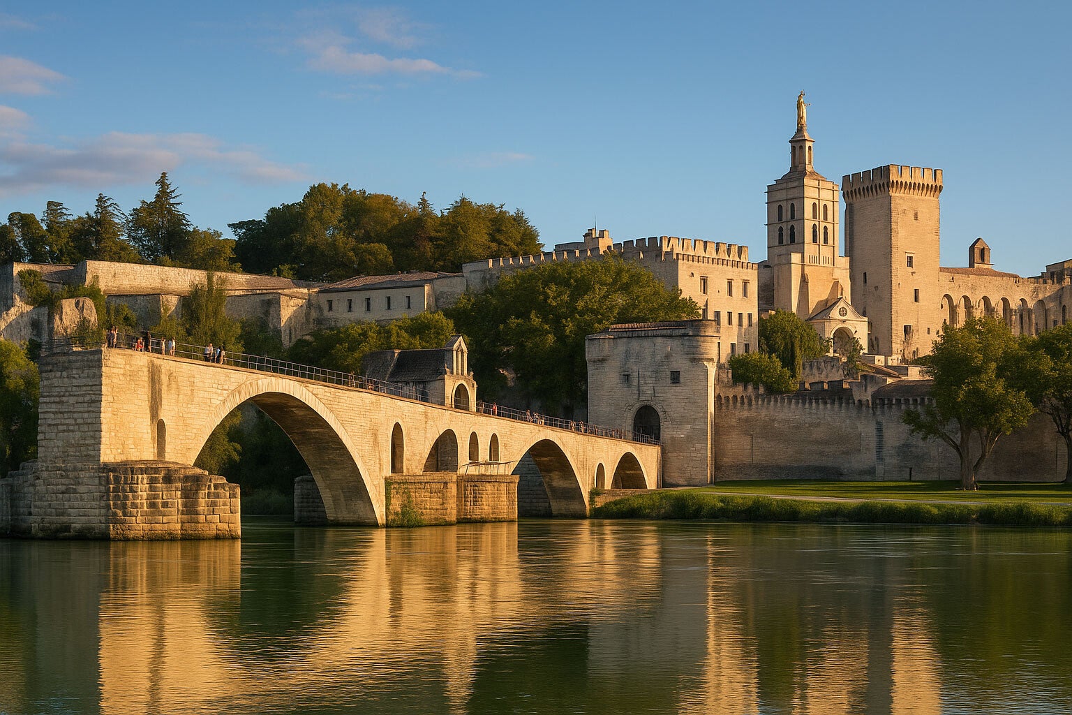 Vue emblématique d’Avignon au coucher du soleil, montrant le Pont Saint-Bénézet traversant le Rhône