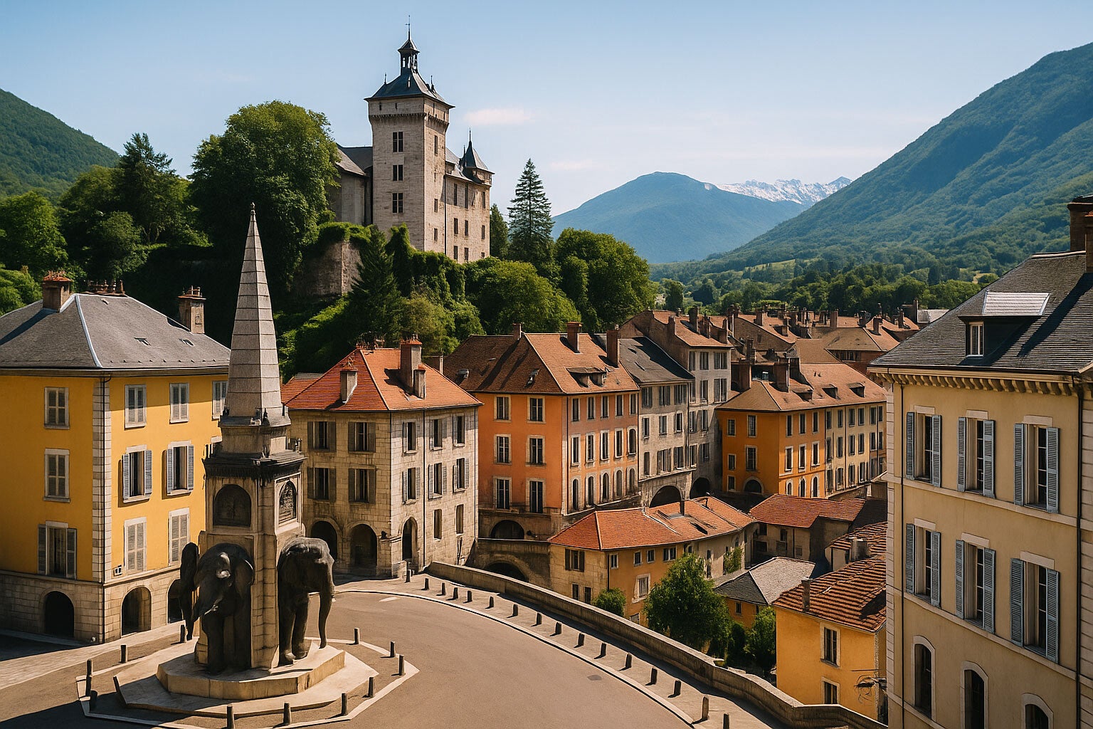 Vue emblématique de Chambéry en Savoie, avec la célèbre Fontaine des Éléphants et le Château de Chambéry en arrière-plan