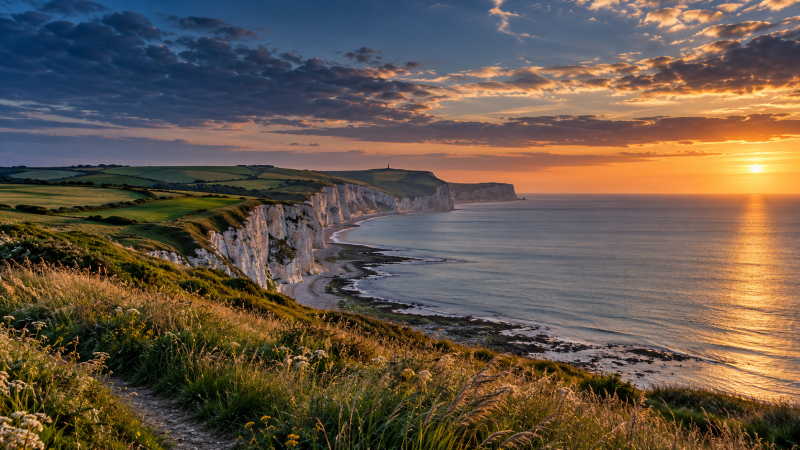 Illustration des falaises de la Côte d’Opale au coucher du soleil.