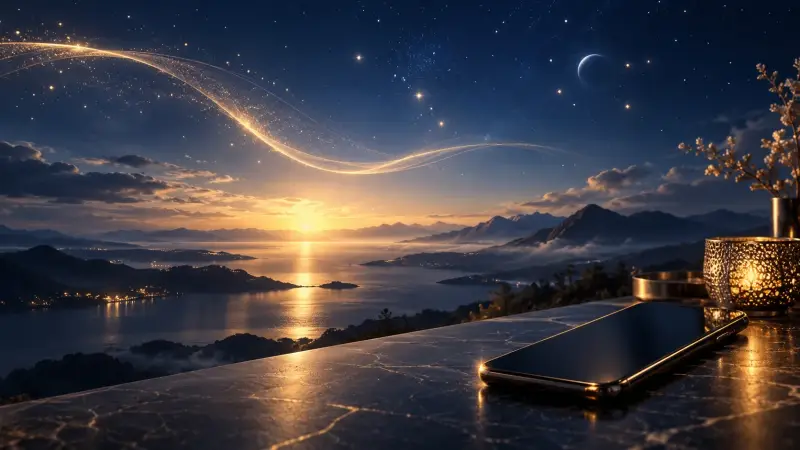 Téléphone devant un paysage bleu nuit éclairé de lueurs dorées, illustration de la voyance médium à distance.